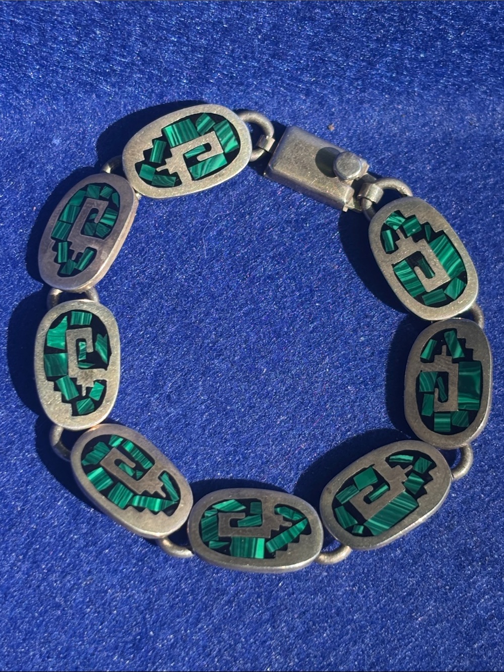 Vintage Sterling Silver Malachite Link Bracelet Mexican Taxco Jewelry
